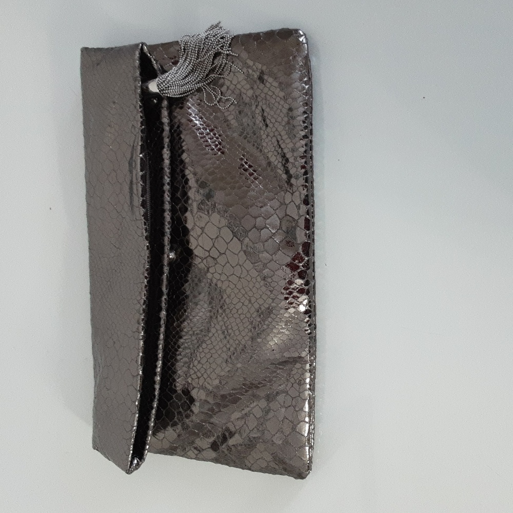 Banana Republic Metallic Silver Gray Faux Snakeskin Clutch with Tassel